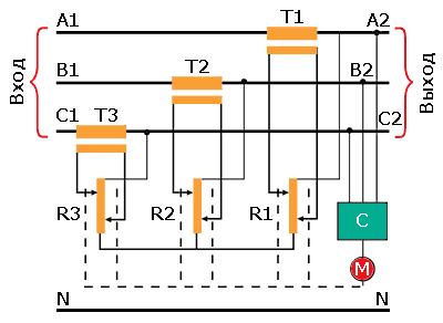 Схема трехфазного стабилизатора Oberon A с регулировкой по средфазному напряжению