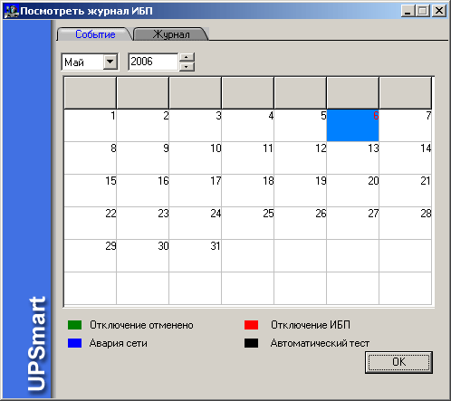 Журнал системных событий ИБП (в виде календаря)